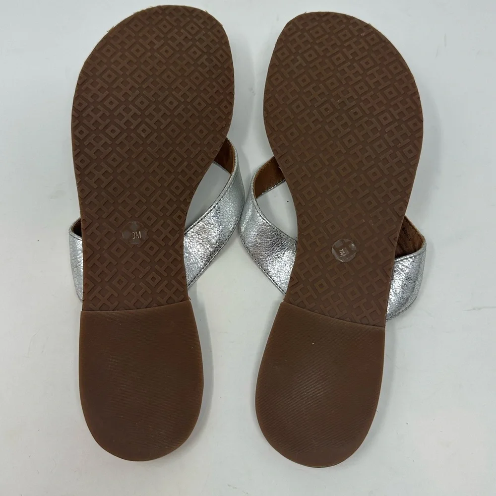 Tory Burch Silver Leather Flip Flop Sandals with Brown Footbed